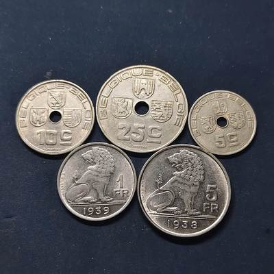 【全场包邮】纯粹捡漏拍518场 - 比利时1938-1939年BELGIE版5枚套币