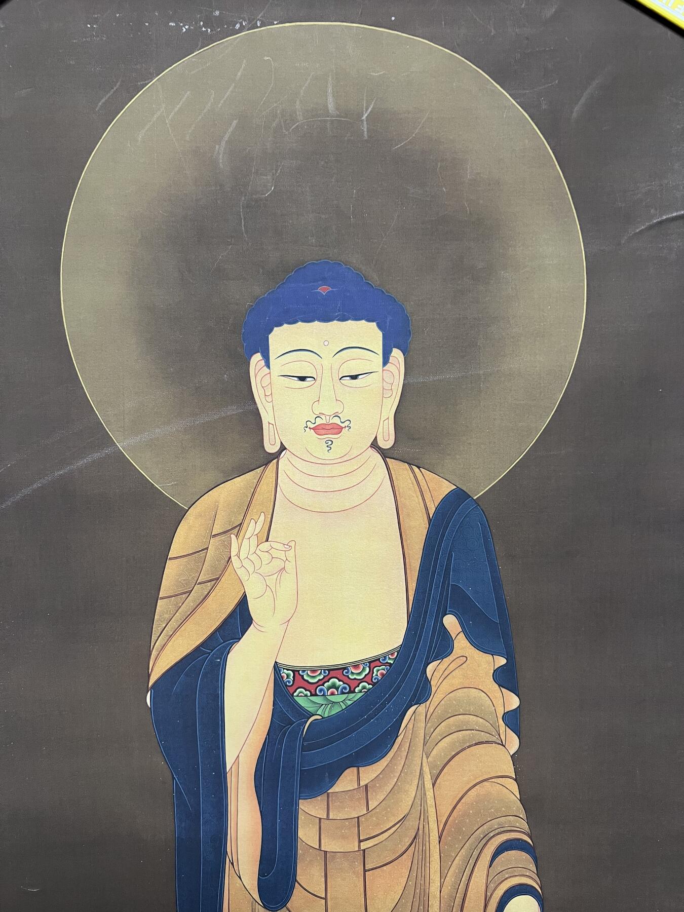 零元拍：唐卡装饰艺术复制画 （非原画）做旧工艺 名稱：释迦牟尼佛祖 规格：90✖️42