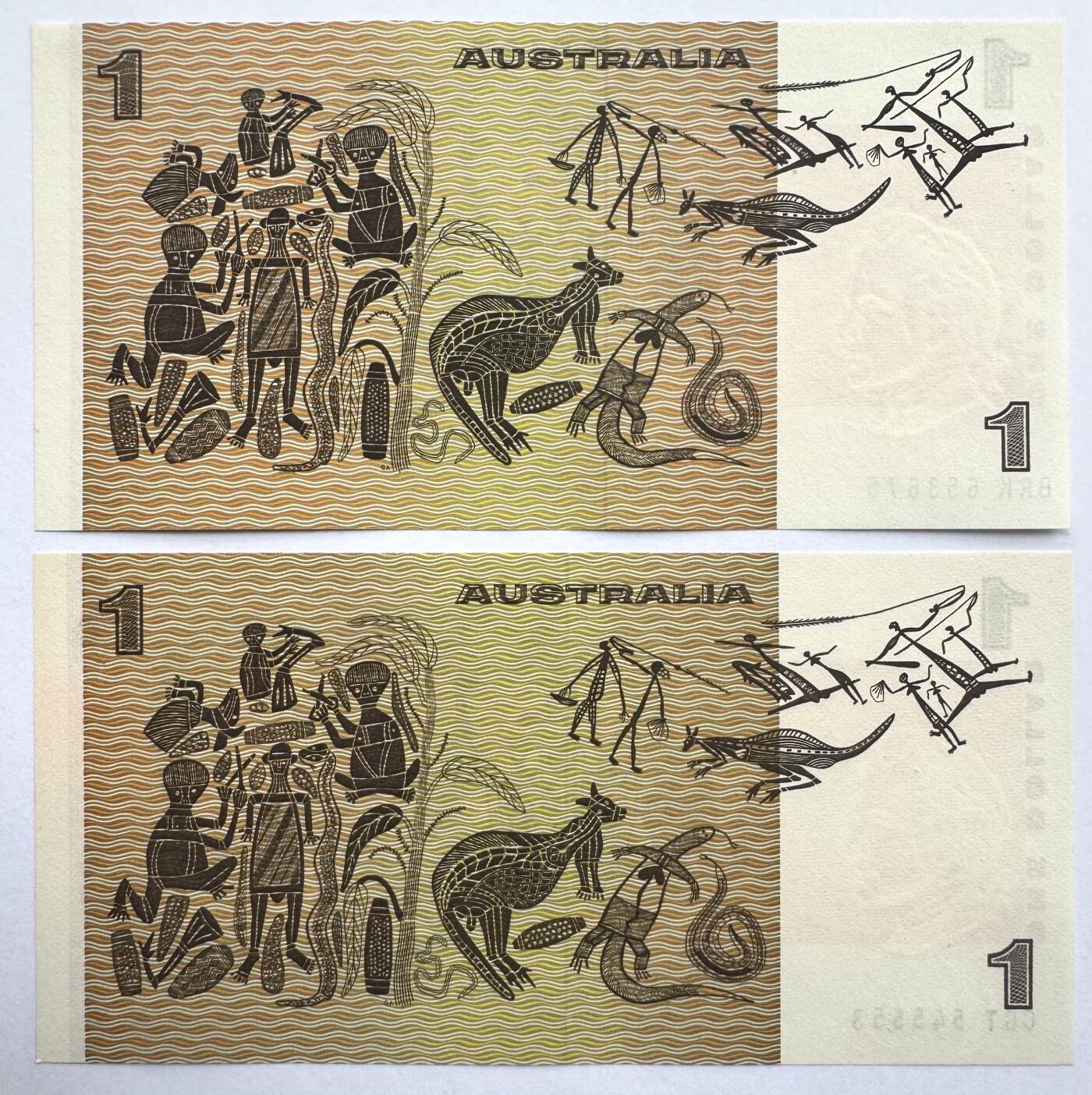2026第6场（总第233期）：精品外钞、塑料钞靓号场  澳大利亚1974-83年版1元女王头像纸币不同签名一对UNC（42a/42b）