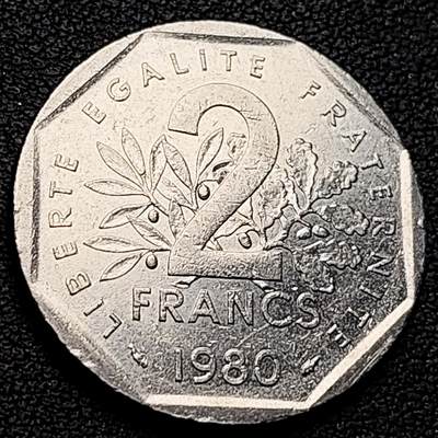 泉币菌-第219场-拍品多 请提前出价 - 法国早期（1980年）2法郎镍币 26mm 播种女神 入欧前 末版 绝版币