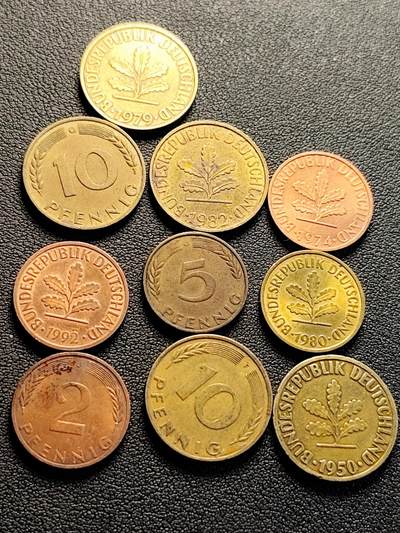 泉币菌-第218场-拍品多 请提前出价 - 10枚一组 联邦德国芬尼硬币 橡树麦穗  银行版 混合年份未挑