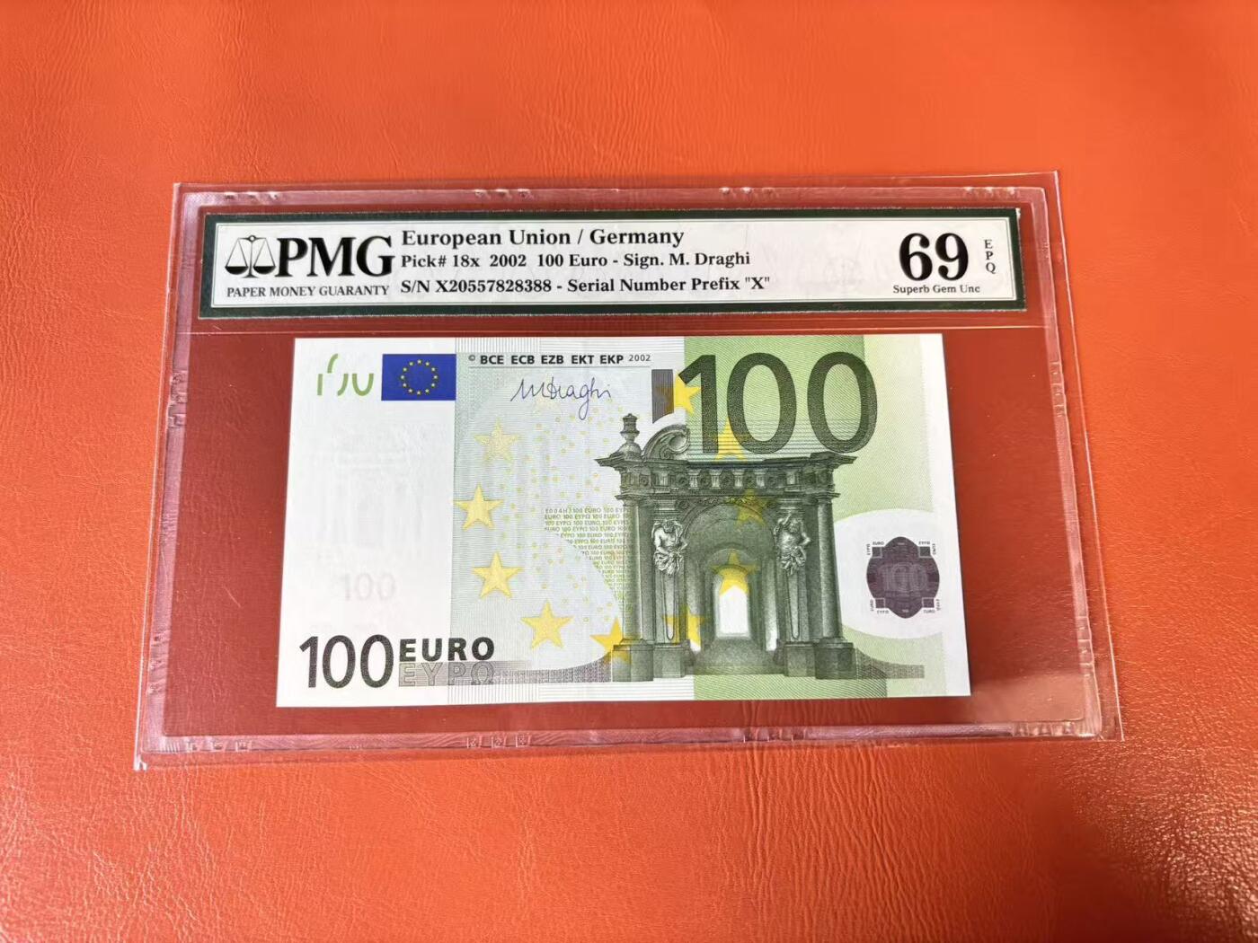 【Blue Auction】世界纸币精拍第802期——18级TOP拍卖/信誉/品质/专业/高效💫 【88尾】欧盟 2002年100欧元 PMG69EPQ 近满分 