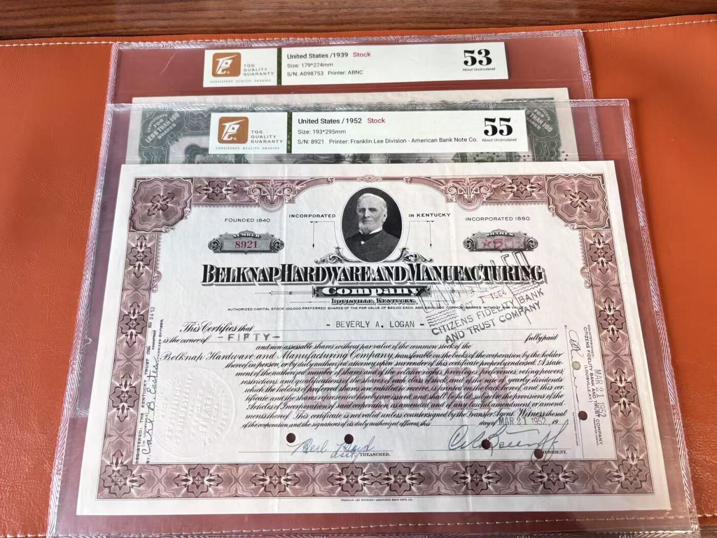 【Blue Auction】世界纸币精拍第802期——18级TOP拍卖/信誉/品质/专业/高效💫  【一组4张】美国 1939-68年 大票幅 雕版印刷股票一组 TQG58-53