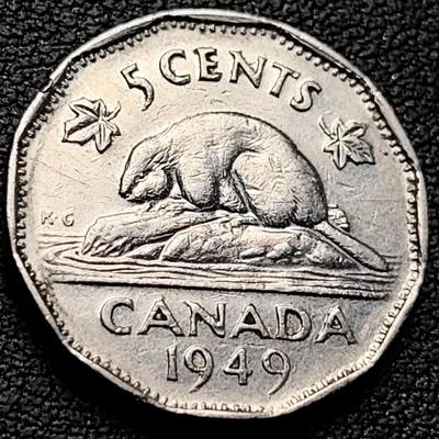 泉币菌-第219场-拍品多 请提前出价 - 少见 乔治六世 加拿大1949年5分镍制币 21.2毫米4.5克