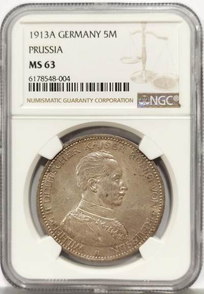 博洋堂世界钱币拍卖第167期（全场包邮） - NGC MS63 德国普鲁士1913A威廉二世军装5马克大银币