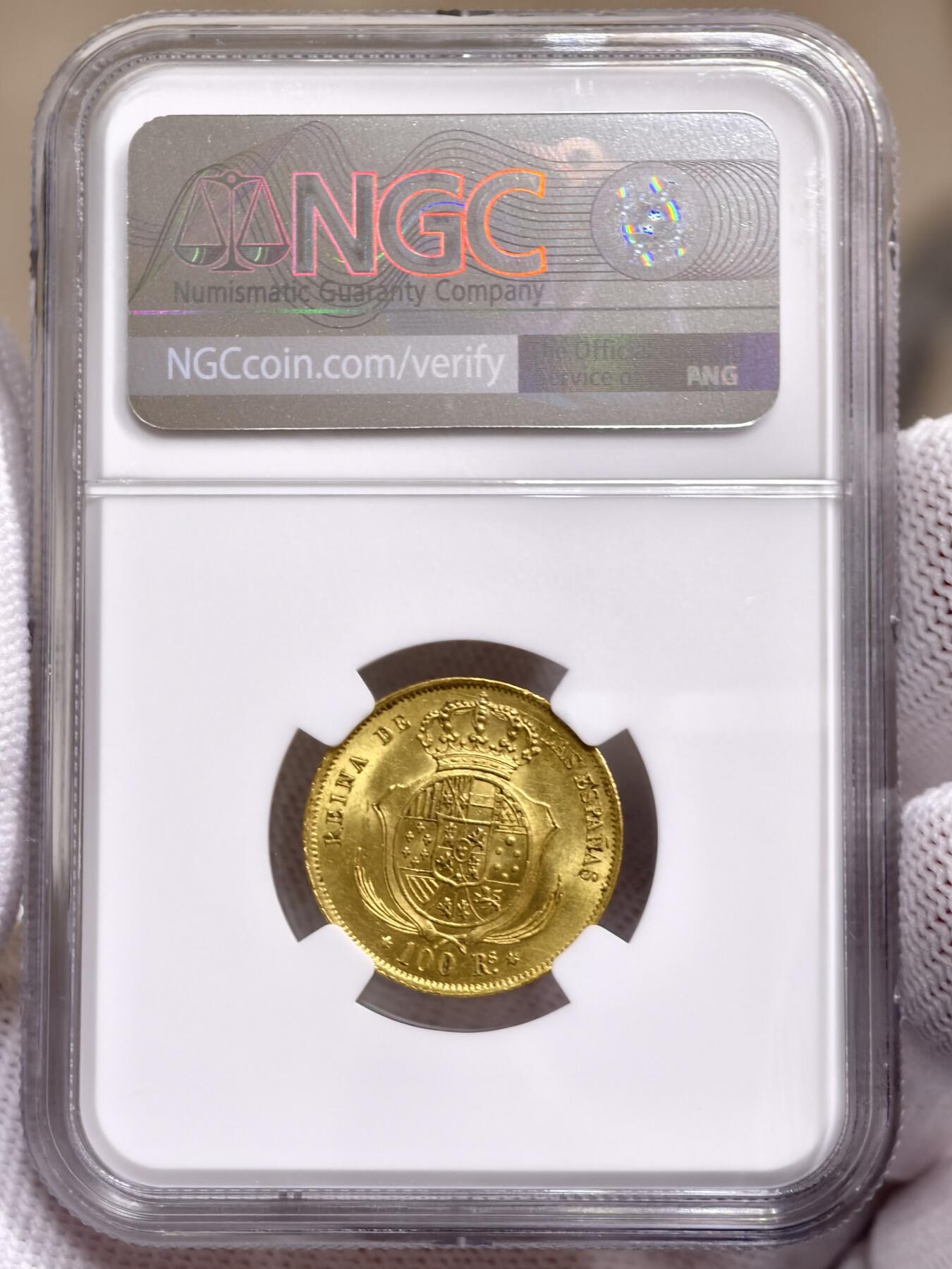 NGC-MS62西班牙1860年伊莎贝拉二世100里雷尔金币猪妹妹金币