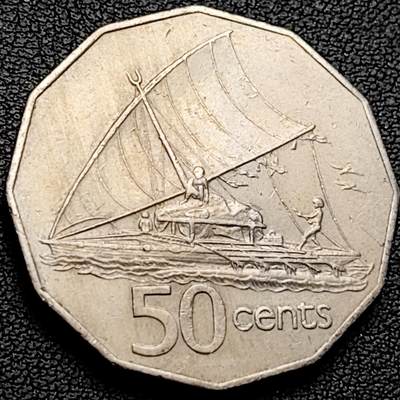 泉币菌-第219场-拍品多 请提前出价 - 土著帆船 1980年英属斐济50分多边形镍币 31.5mm13.4g 伊丽莎白二世女王