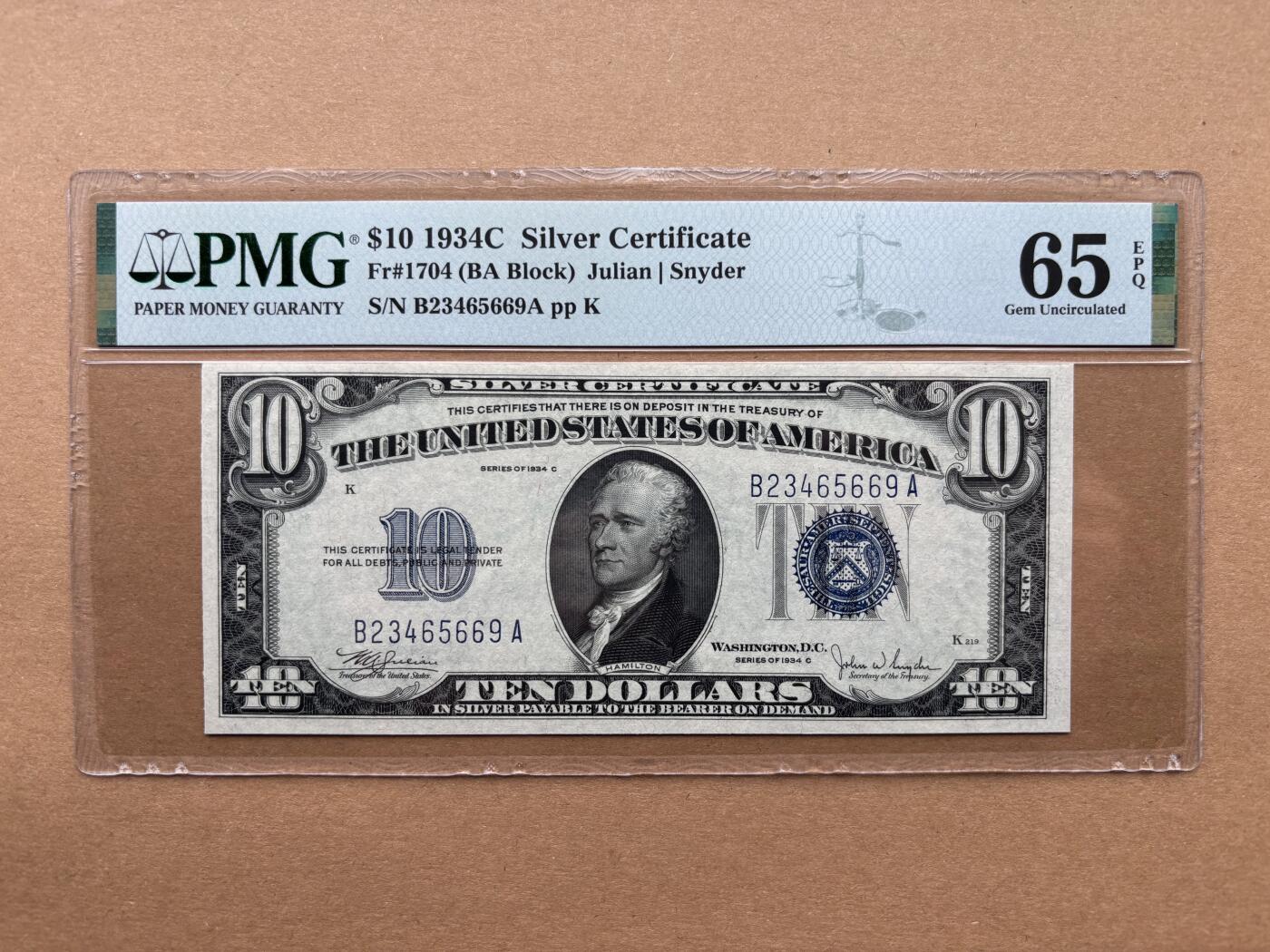 【礼羽收藏】🌏世界钱币拍卖第131期 1934C版 10美 PMG65E 银币券最大面值