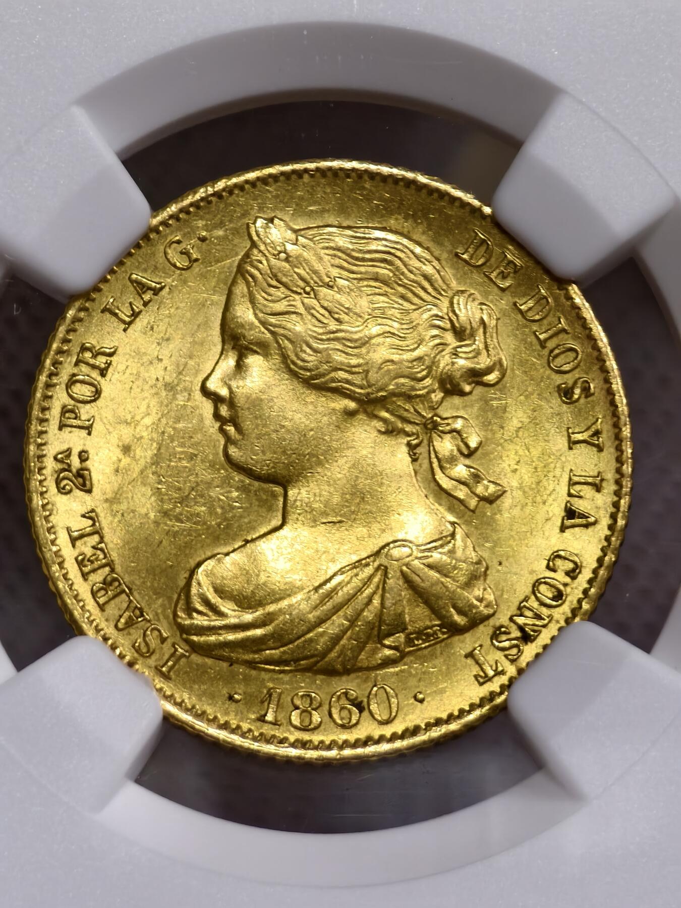 NGC-MS62西班牙1860年伊莎贝拉二世100里雷尔金币猪妹妹金币