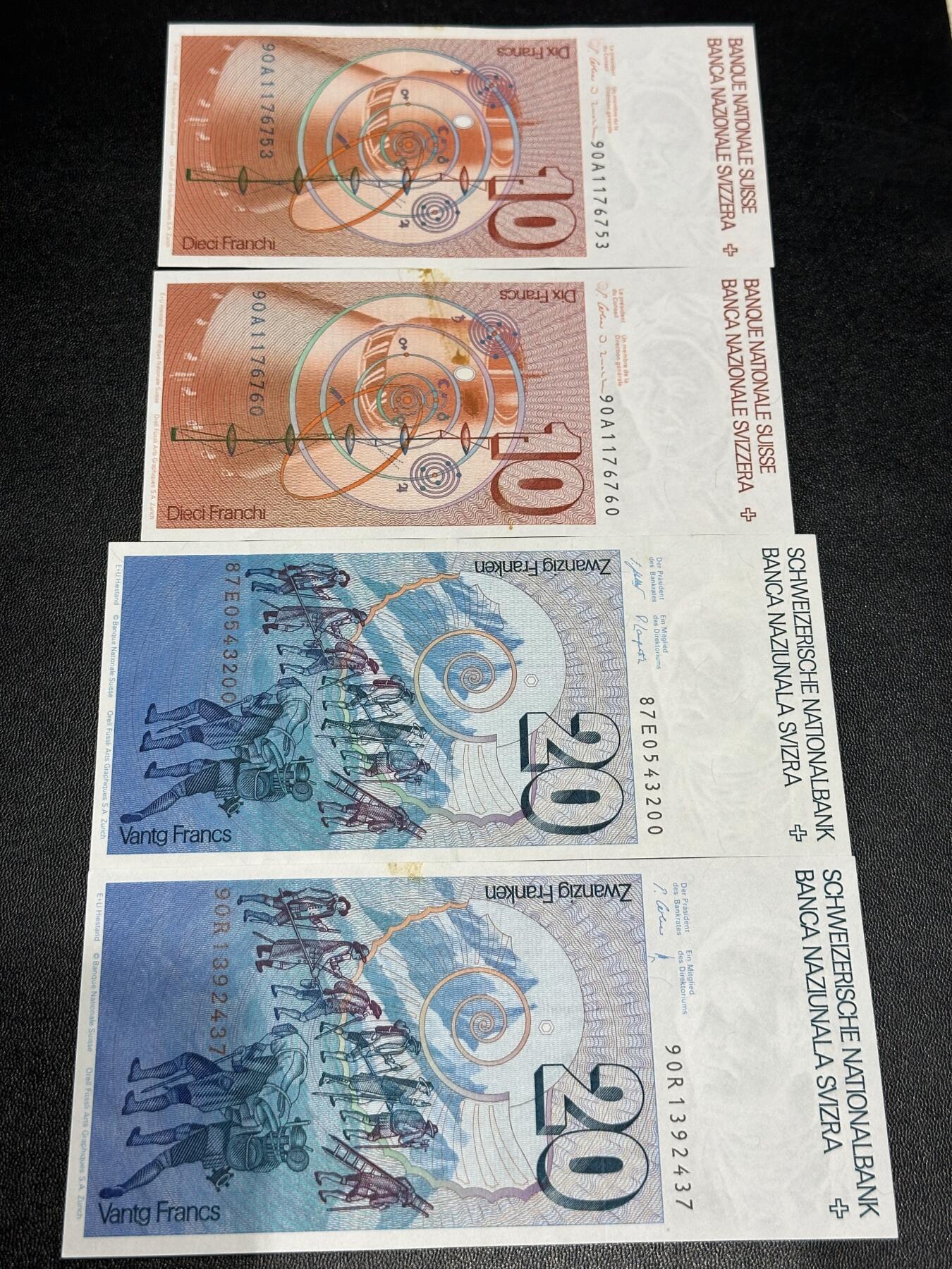 《外钞收藏家》第六百二十三期（精选场）（长期征集拍品、欢迎藏友们联系合作） 瑞士10和20法郎 四张一起 1张有折 另外三张粘了胶 品相如图