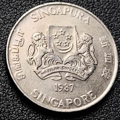 泉币菌-第218场-拍品多 请提前出价 - 1987 高币值 新加坡20分 绒球花 高盾徽版 直径21.36mm