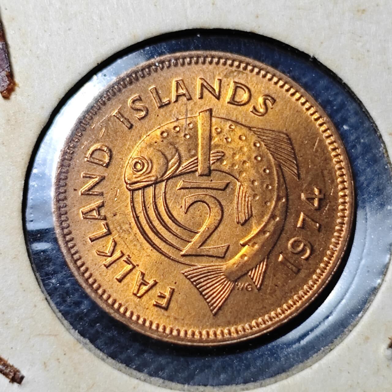 KK钱币收藏小铺  第414期 2月预留时间 周末发货  1974福克兰群岛1/2便士 好品