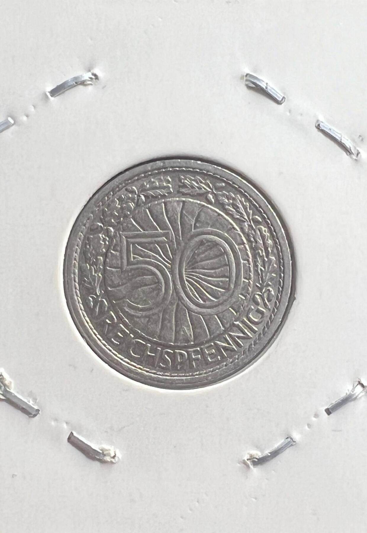 1927 年魏玛共和国 50 莱茵芬尼 1927 版 无冠鹰 德国流通硬币