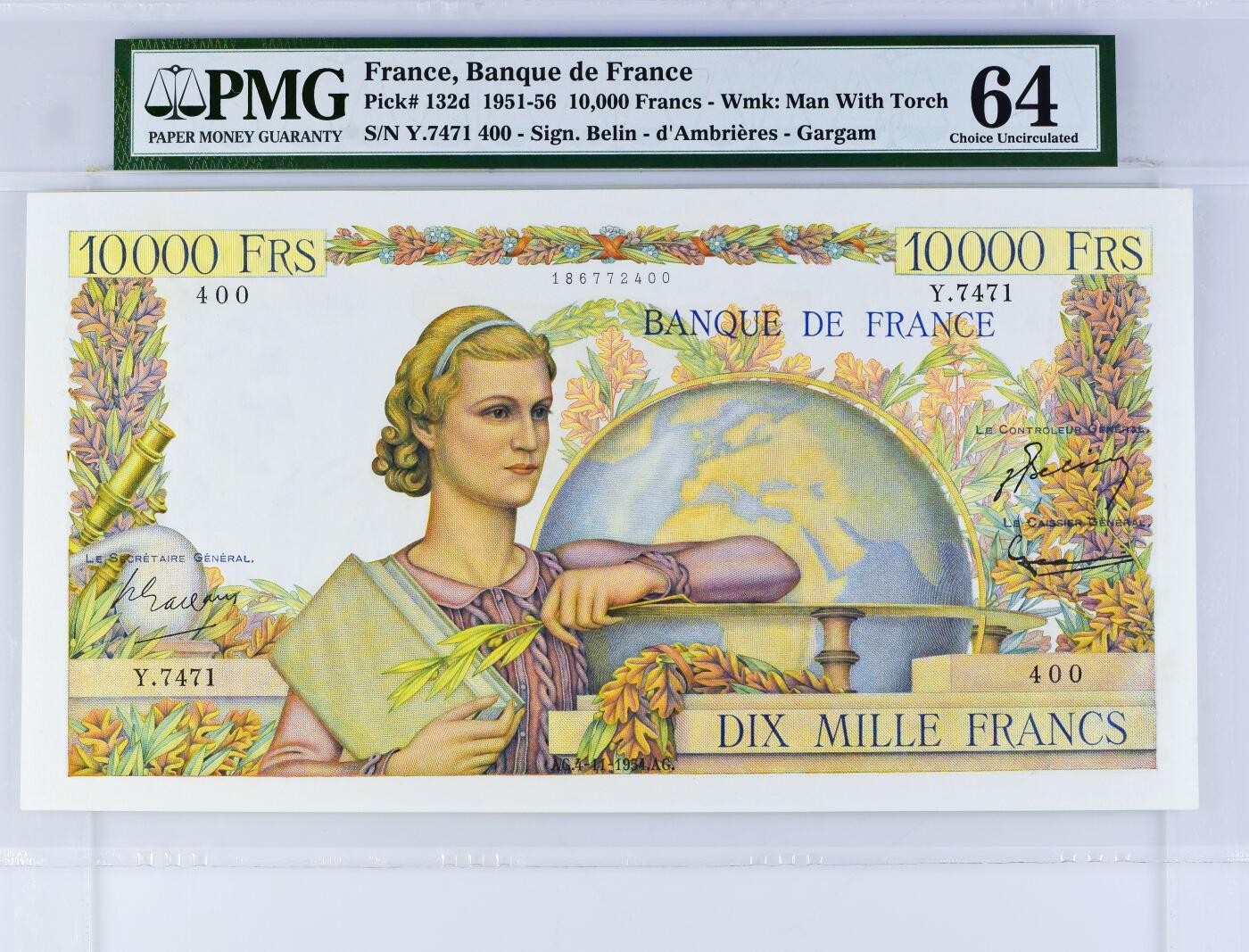 【Blue Auction】世界纸币精拍第802期——18级TOP拍卖/信誉/品质/专业/高效💫  【仅1张更高分】法国 1954年10000法郎 PMG64 超大票幅 地球女神