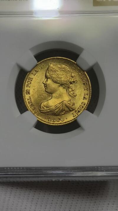NGC-MS62西班牙1860年伊莎贝拉二世100里雷尔金币猪妹妹金币