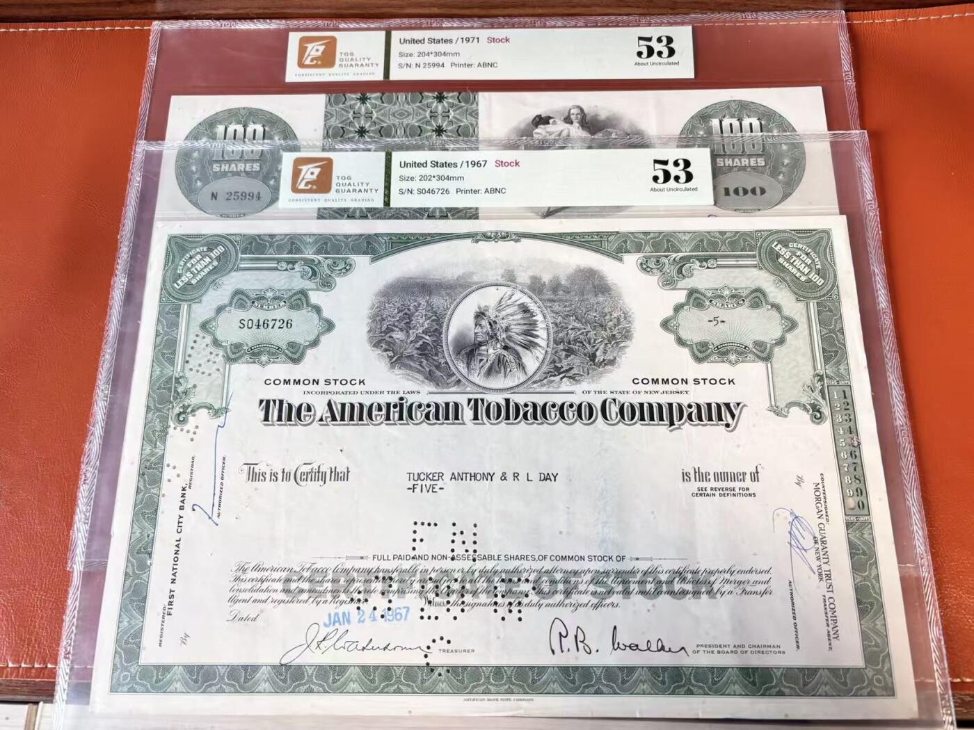 【Blue Auction】世界纸币精拍第802期——18级TOP拍卖/信誉/品质/专业/高效💫 【一组4张】美国 1967-83年 大票幅 雕版印刷股票一组 TQG58-45