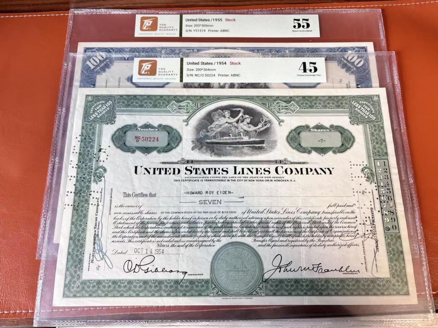 【Blue Auction】世界纸币精拍第802期——18级TOP拍卖/信誉/品质/专业/高效💫 【一组4张】美国 1954-93年 大票幅 雕版印刷股票一组 TQG64-45