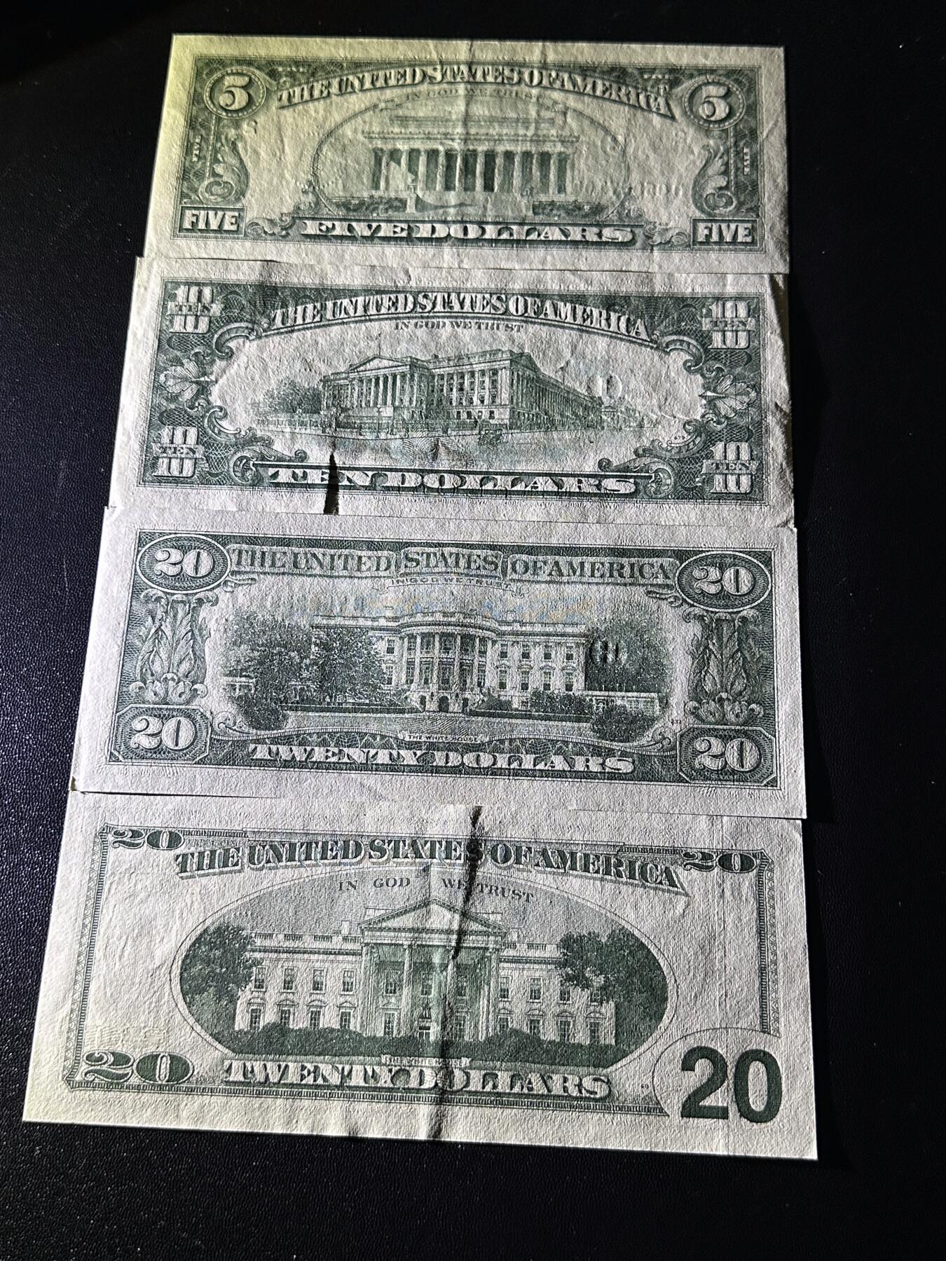 《外钞收藏家》第六百二十三期（精选场）（长期征集拍品、欢迎藏友们联系合作） 美国小头版5、10、20美元+大头版20美元 AU和UNC-品相 如图