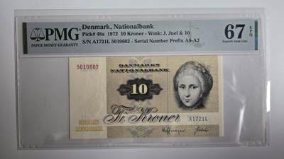 听雨轩（八十） - 丹麦10克朗  pmg67 无47初版  丹麦画家延斯·尤尔的画作克希荷夫夫人1972