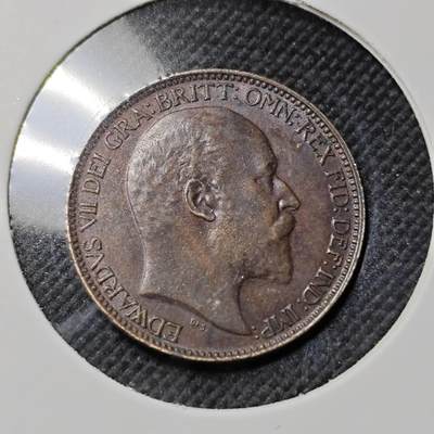 KK钱币收藏小铺  第415期 2月预留时间 周末发货 1903英国1法新铜币 爱七 好品