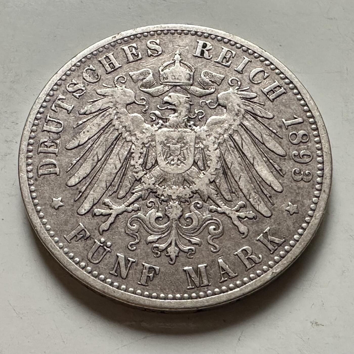 🌹外币初藏🌹🐯2026年第36场   每周二四六晚8️⃣点 接代拍 普鲁士 1893年 威廉二世 5马克 38毫米-90%银 27.78克 柏林造币厂 银币