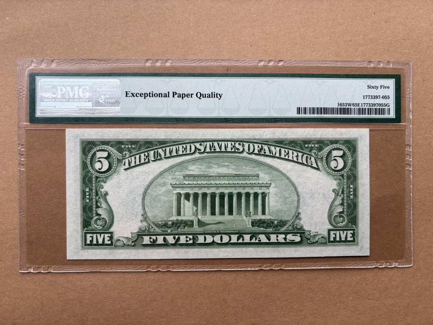 【礼羽收藏】🌏世界钱币拍卖第131期 1934C版 5美 银币券 号码无47 老壳 PMG65E Wide版（宽版）
