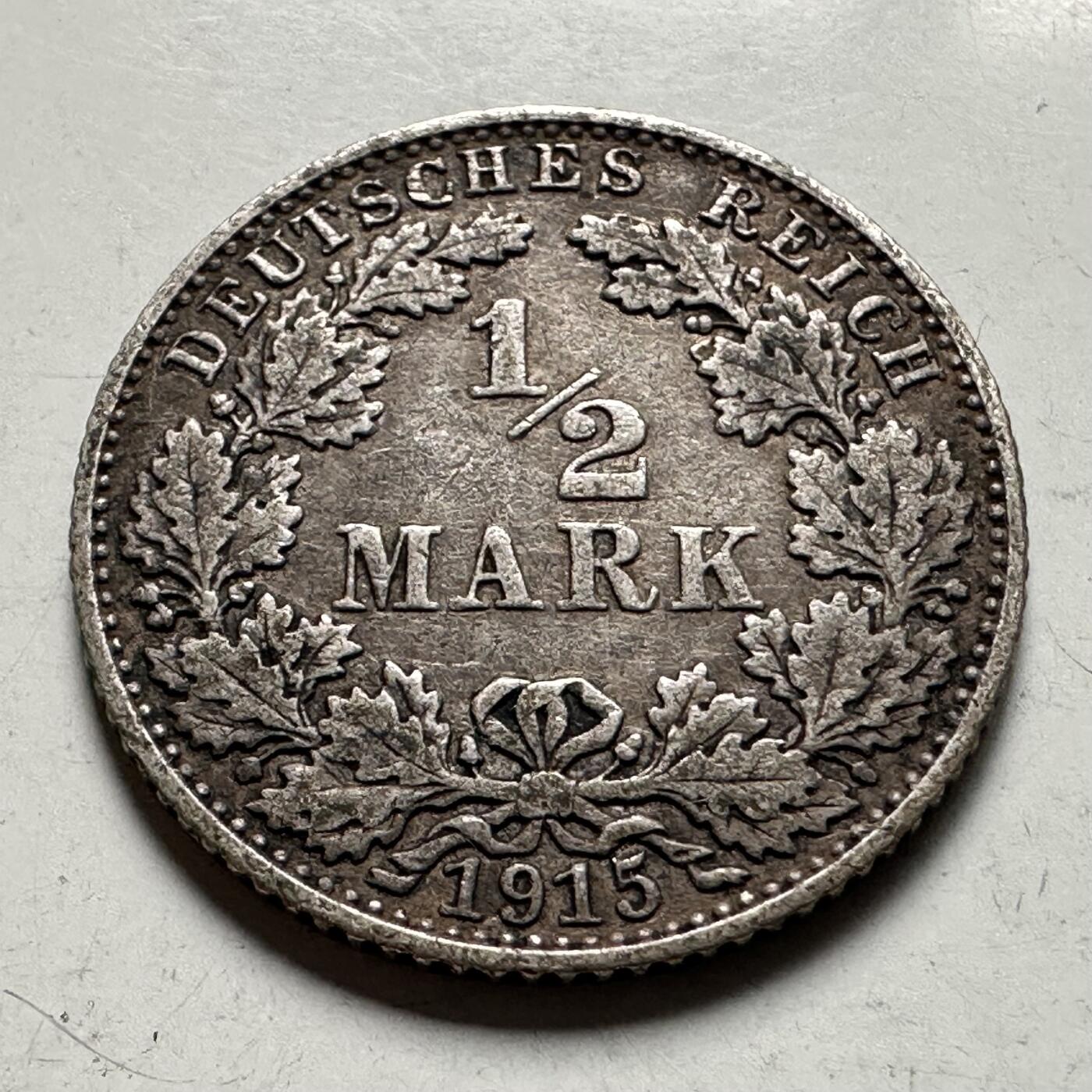 🌹外币初藏🌹🐯2026年第36场   每周二四六晚8️⃣点 接代拍 德意志帝国 1915年 帝国鹰 ½马克 银币 90%银-5.55g-23.0mm