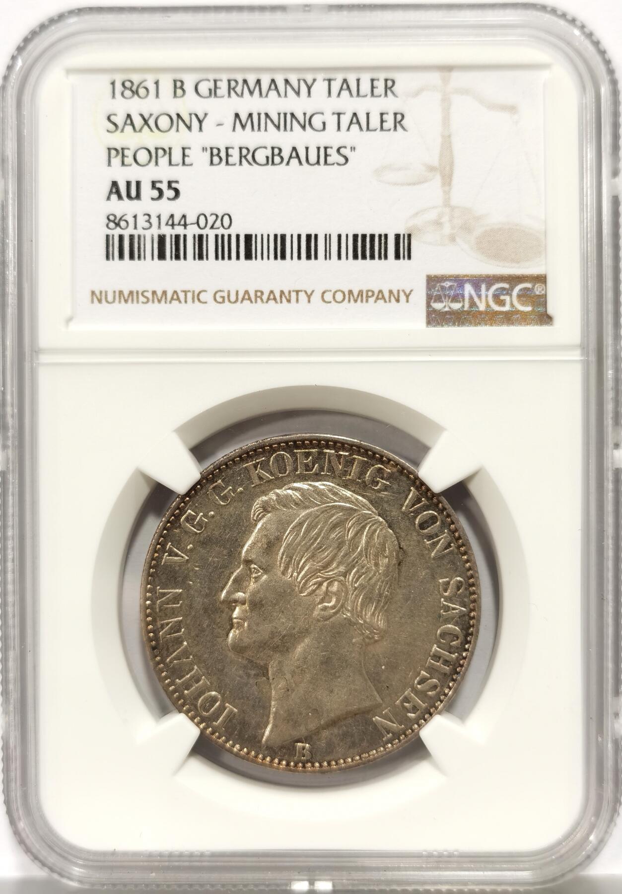 博洋堂世界钱币拍卖第167期（全场包邮） NGC AU55 季军分！德国萨克森1861B矿业泰勒银币，发行量稀少，更高分仅2枚
