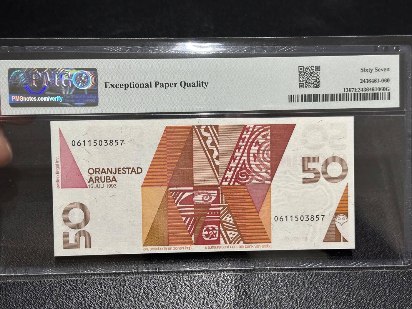 《外钞收藏家》第六百二十三期（精选场）（长期征集拍品、欢迎藏友们联系合作） 1993年阿鲁巴50盾 PMG67 长号无4