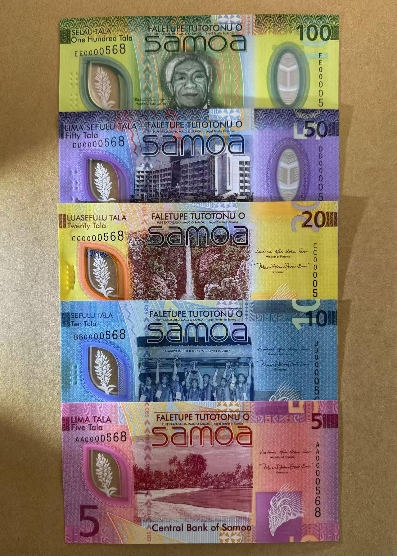 【Blue Auction】世界纸币精拍第802期——18级TOP拍卖/信誉/品质/专业/高效💫 【一组5张首发冠 568全同小号】萨摩亚 新版5-100塔拉 全新UNC