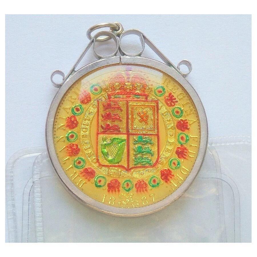 【银】纯银手工银 英国1887年维多利亚珐琅彩镀金高浮雕精制银币章吊坠 33MM