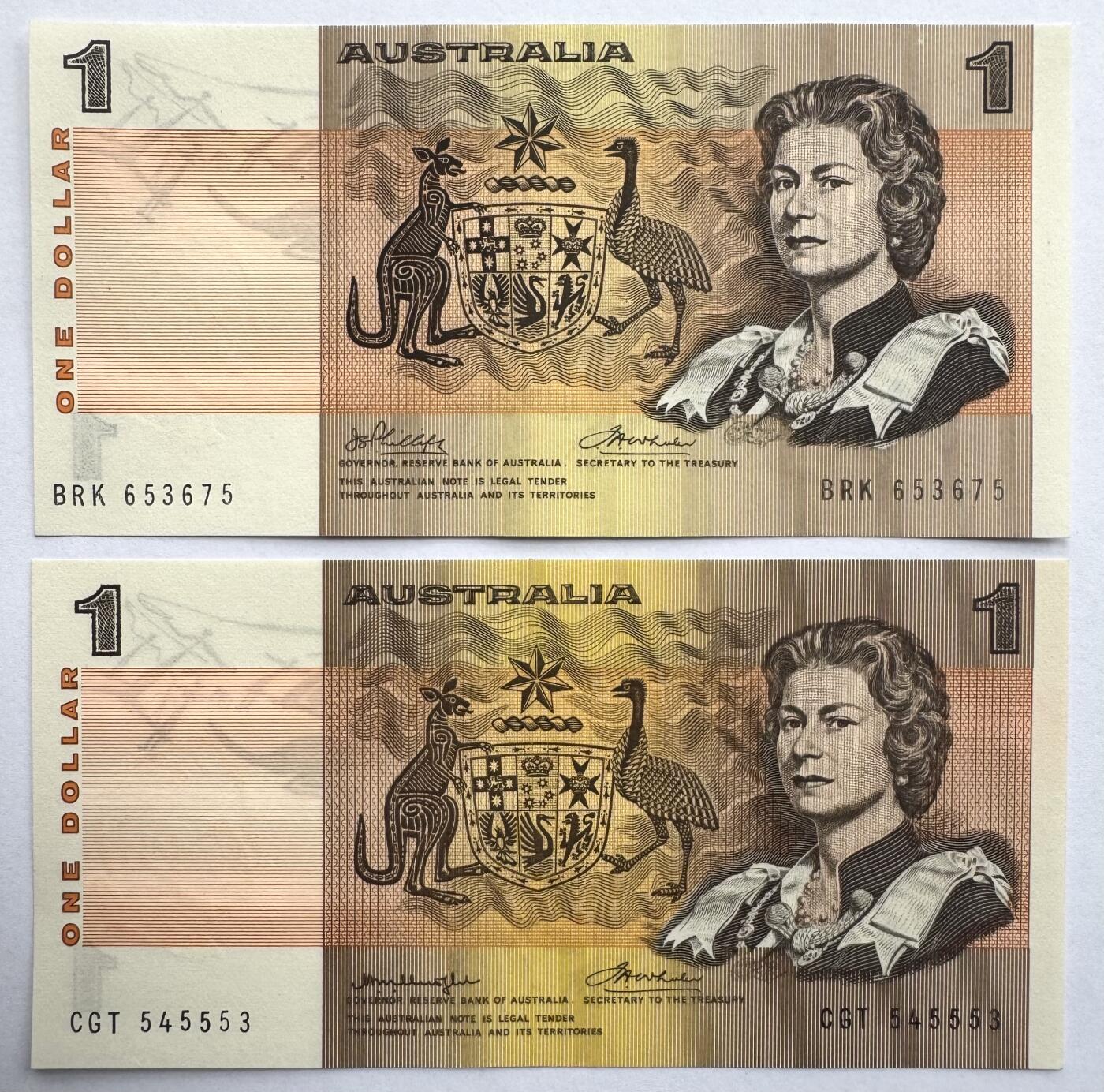 2026第6场（总第233期）：精品外钞、塑料钞靓号场  澳大利亚1974-83年版1元女王头像纸币不同签名一对UNC（42a/42b）