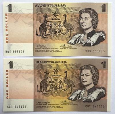 2026第6场（总第233期）：精品外钞、塑料钞靓号场  - 澳大利亚1974-83年版1元女王头像纸币不同签名一对UNC（42a/42b）