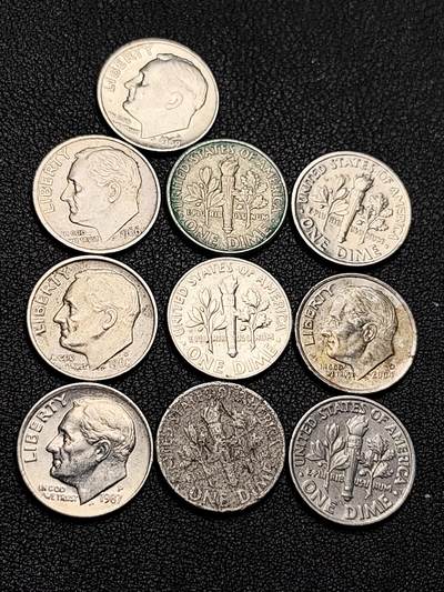 泉币菌-第219场-拍品多 请提前出价 - 10枚高币值一组 美国10美分镍币 罗斯福总统 混合年份未挑