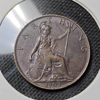 KK钱币收藏小铺  第415期 2月预留时间 周末发货 1903英国1法新铜币 爱七 好品