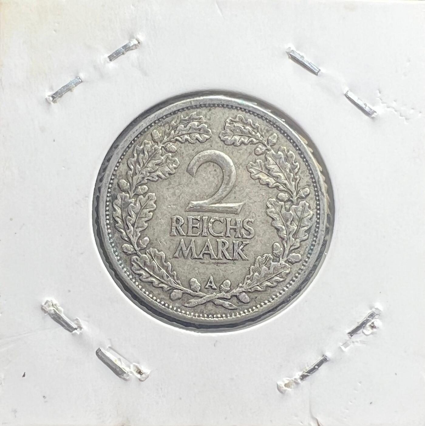 1926 年魏玛共和国 2 马克银币 1926 版 无冠鹰 德国共和时期银币