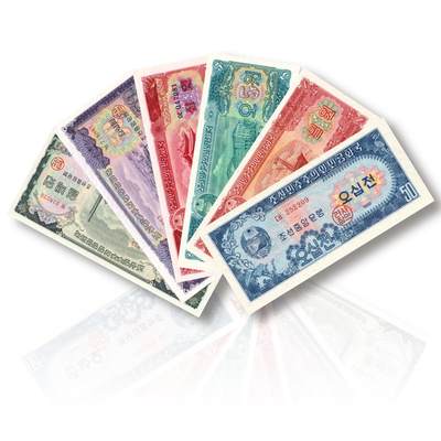 朝鲜1959年第二版纸币6张大全套50钱、1元、5元、10元、50元、100元苏联代印全新UNC品相；大票幅卢布式风格；满版瓦楞线水印 - 朝鲜1959年第二版纸币6张大全套50钱、1元、5元、10元、50元、100元苏联代印全新UNC品相；大票幅卢布式风格；满版瓦楞线水印