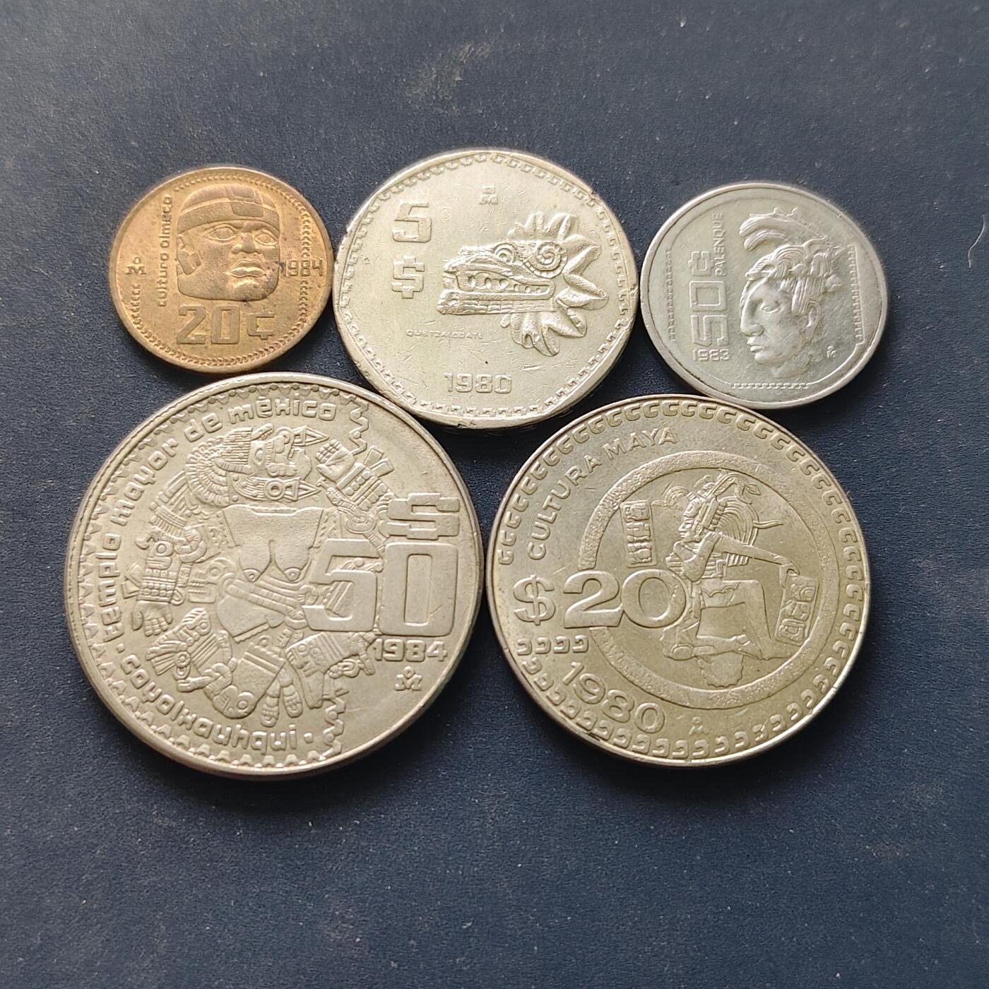 【全场包邮】纯粹捡漏拍518场 墨西哥1980-1984年玛雅文化版5枚套币