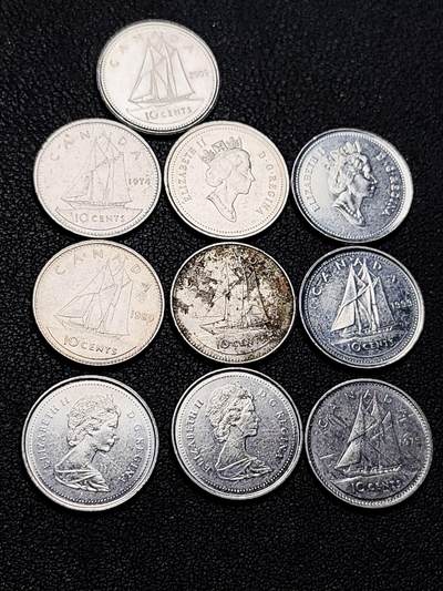 泉币菌-第219场-拍品多 请提前出价 - 10枚高币值一组 加拿大10分镍币 帆船 伊丽莎白二世 混合年份未挑