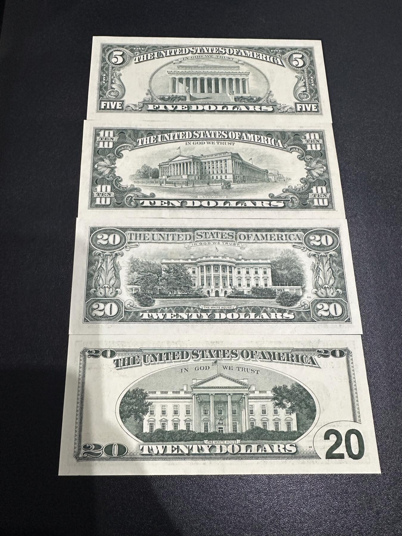 《外钞收藏家》第六百二十三期（精选场）（长期征集拍品、欢迎藏友们联系合作） 美国小头版5、10、20美元+大头版20美元 AU和UNC-品相 如图