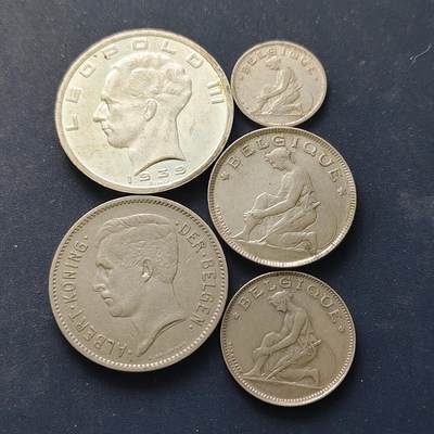 【全场包邮】纯粹捡漏拍518场 - 比利时1922-1939年BELGIQUE版5枚套币-含50法郎银币【33毫米20克83.5%】