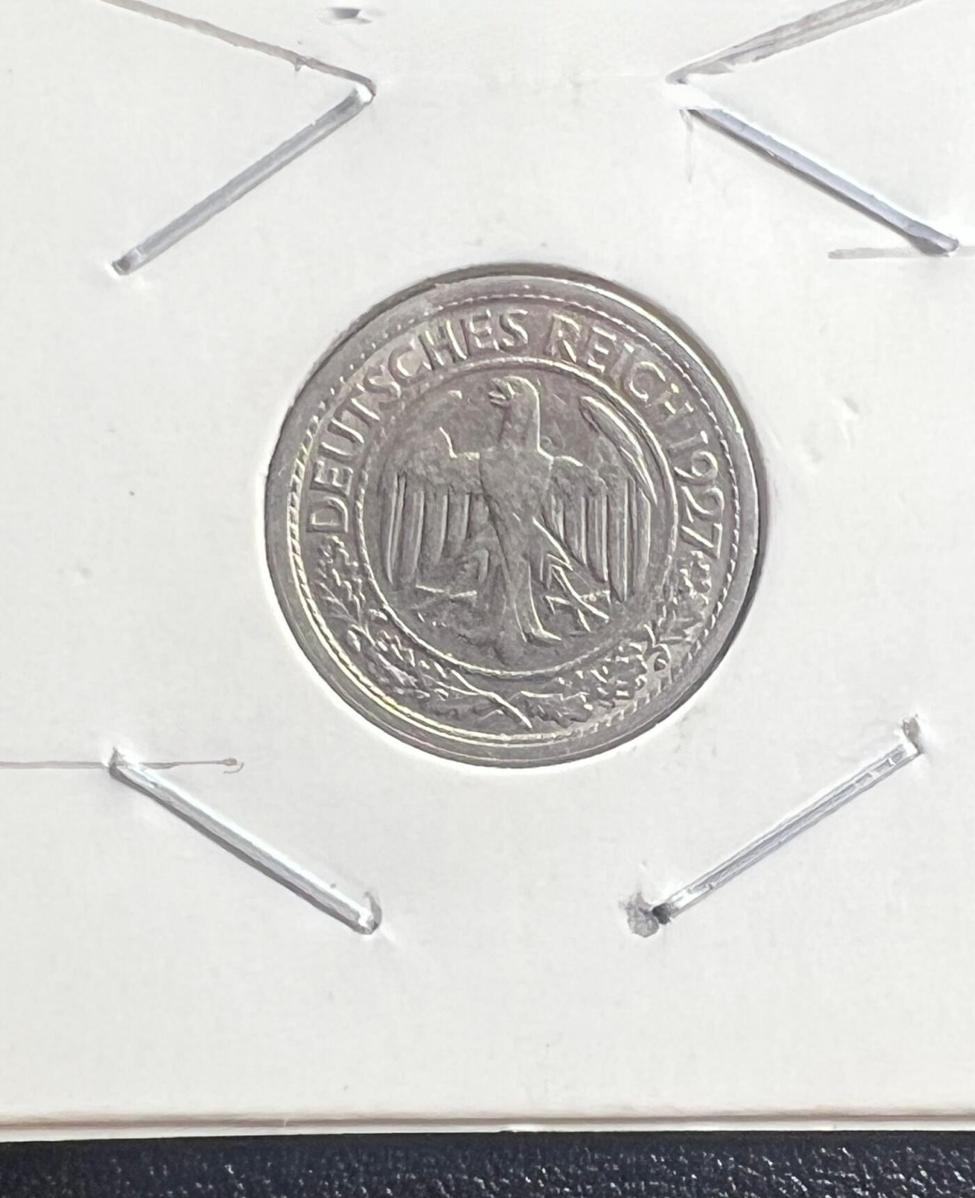 1927 年魏玛共和国 50 莱茵芬尼 1927 版 无冠鹰 德国流通硬币