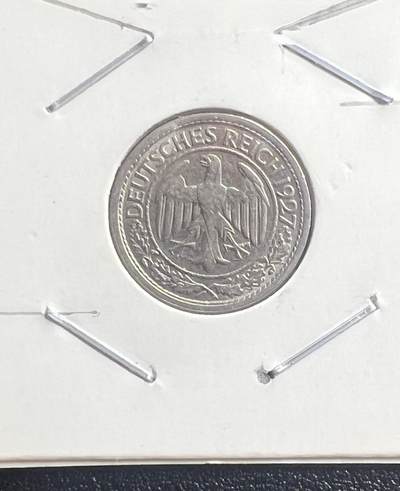 1927 年魏玛共和国 50 莱茵芬尼 1927 版 无冠鹰 德国流通硬币 - 1927 年魏玛共和国 50 莱茵芬尼 1927 版 无冠鹰 德国流通硬币