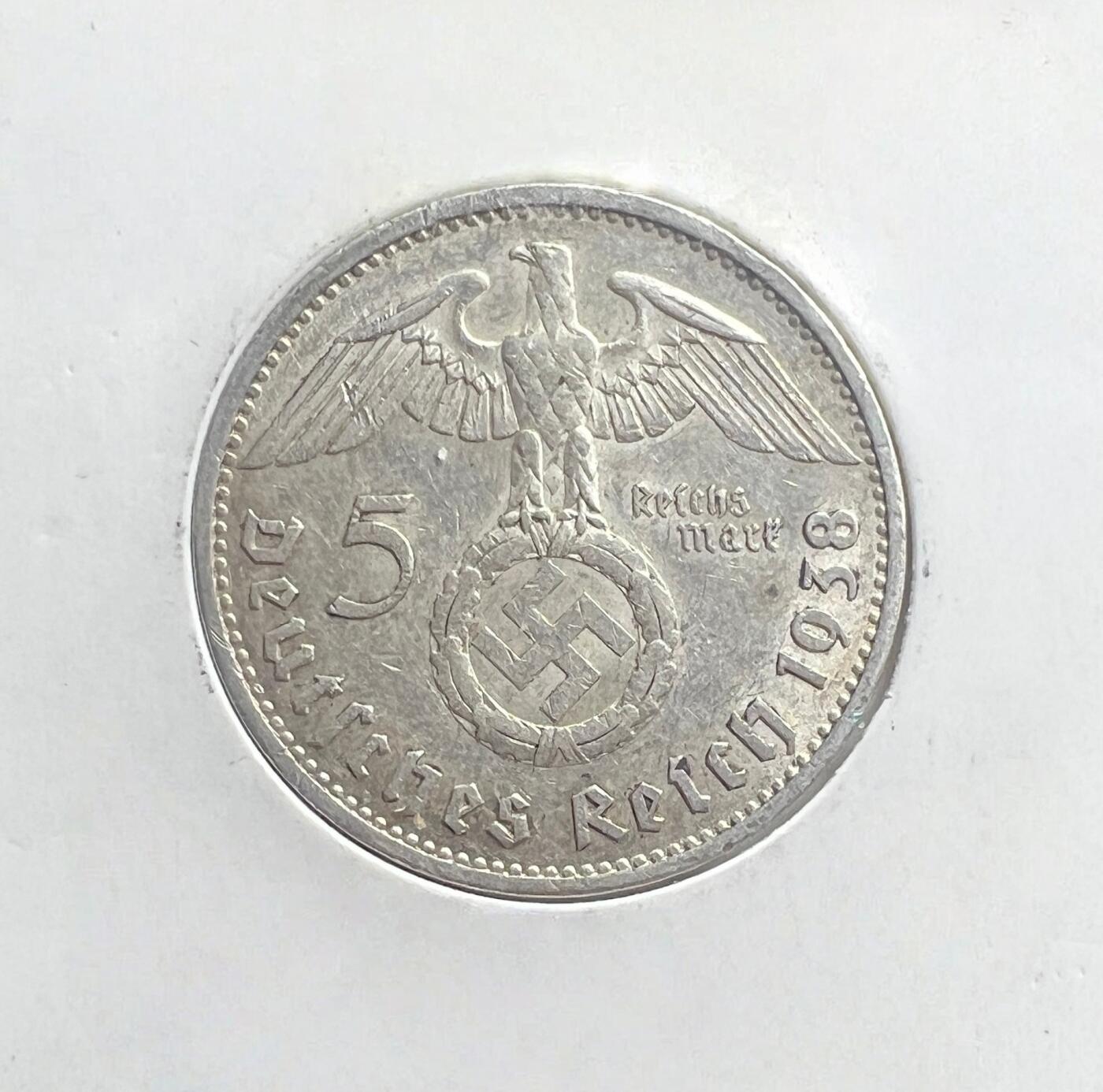 1938 年纳粹德国 5 马克银币 兴登堡逝世纪念版 第三帝国 90% 银 保真流通美品