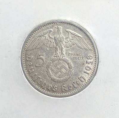 1938 年纳粹德国 5 马克银币 兴登堡逝世纪念版 第三帝国 90% 银 保真流通美品 - 1938 年纳粹德国 5 马克银币 兴登堡逝世纪念版 第三帝国 90% 银 保真流通美品