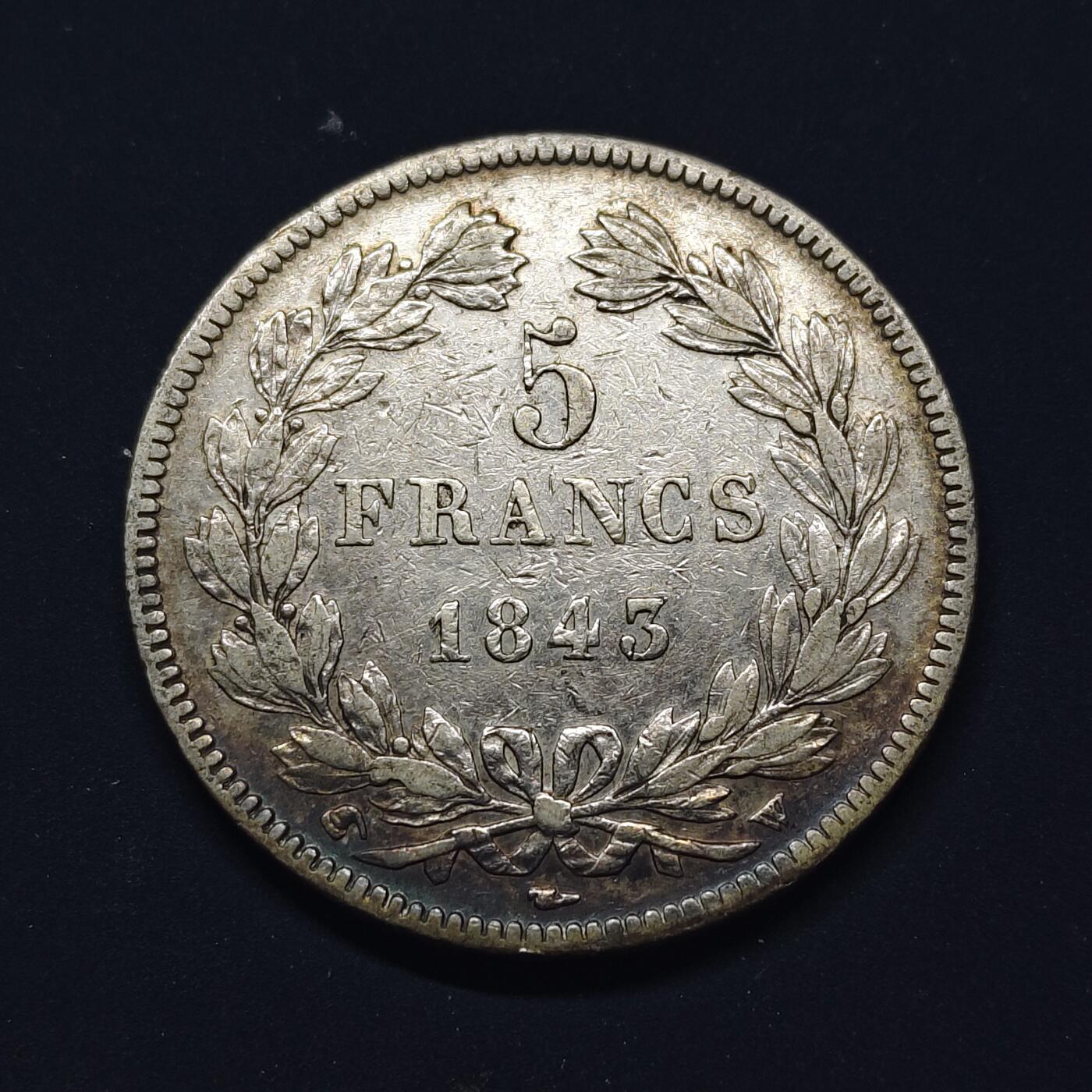 【全场包邮】纯粹捡漏拍517场 法国1843年路易·菲利普一世W厂5法郎银币【37毫米25克90%】