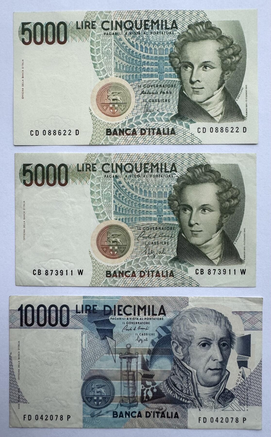 2026第6场（总第233期）：精品外钞、塑料钞靓号场  意大利1985年版5000、10000里拉一组三枚/不同签名（其中一张UNC、2张旧品）