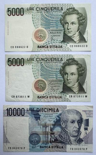 2026第6场（总第233期）：精品测试钞、外钞综合场  - 意大利1985年版5000、10000里拉一组三枚/不同签名（其中一张UNC、2张旧品）