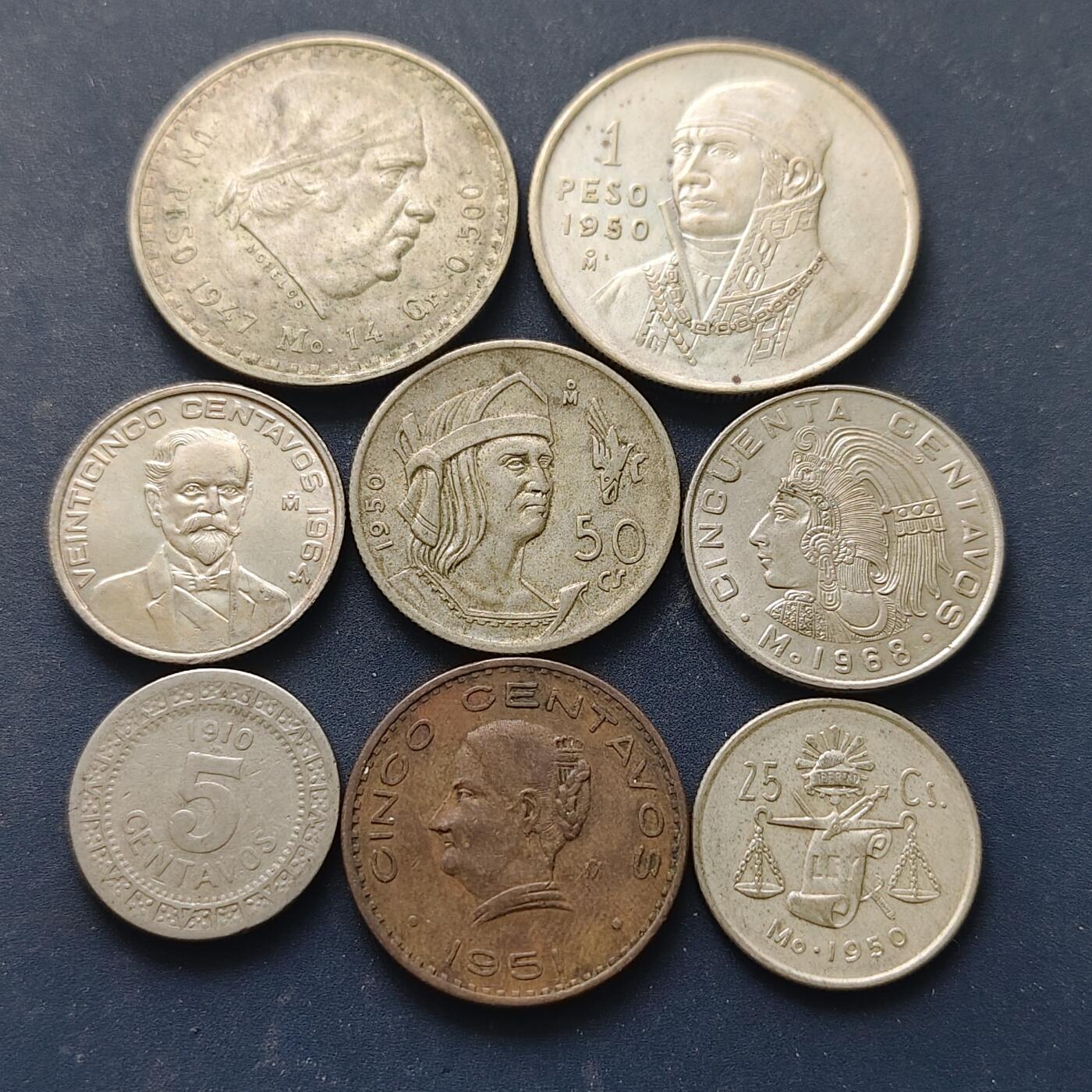 【全场包邮】纯粹捡漏拍518场 墨西哥各年份8枚套币-含4银币1947年1比索【32毫米14克50%】+1950年25分【21.5毫米3.33克30%】+50分【26毫米6.67克30%】+1比索【32毫米13.33克30%】