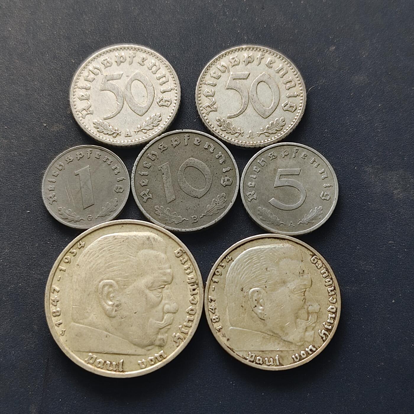 【全场包邮】纯粹捡漏拍518场 德国第三帝国1935-1941年7枚套币-含2枚银币2马克【25毫米8克62.5%】+5马克【29毫米13.88克90%】